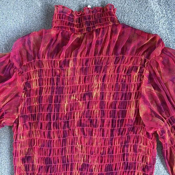 NWOT Free People Hello There Ruffled Sheer Mesh Top Red Pink Orange Abstract XS - Picture 11 of 16